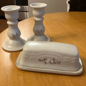 Pfaltzgraff Heirloom Floral Stoneware Candlestick Holders and Butter Dish Set